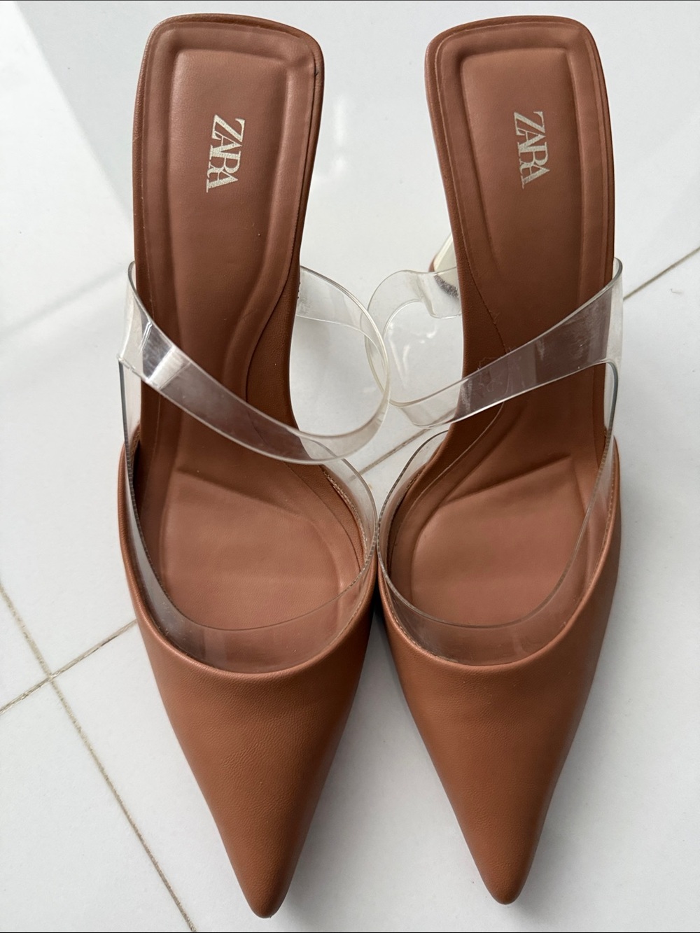 Zara Tan Pointed Toe Mule with Clear PVC Strap